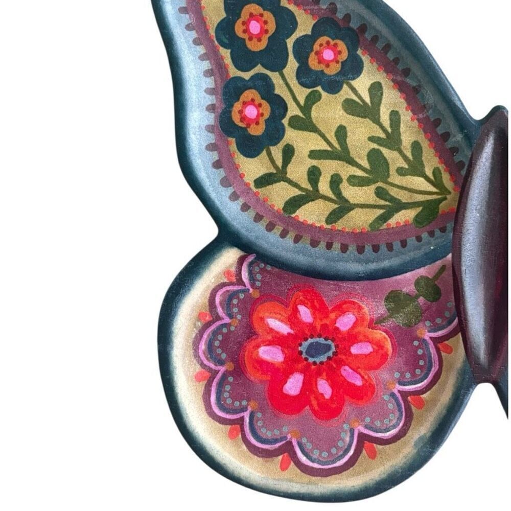 Natural Life Wooden Butterfly Tray Platter Colorful Hand Painted Flowers - Picture 3 of 4